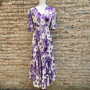 Chicwish Purple White Floral Jacquard Textured Wrap Maxi V Neck Dress NWT Sz L